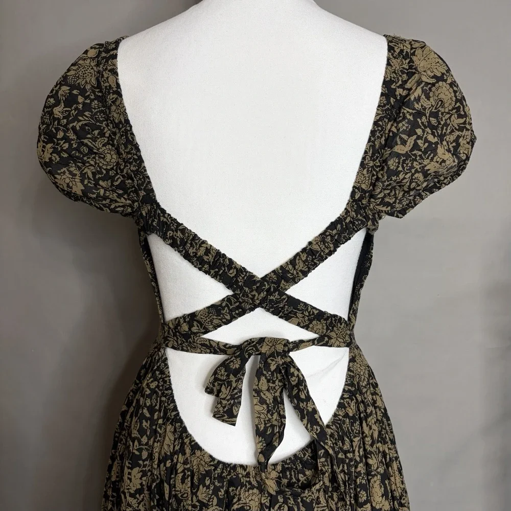 Free People Ultraviolet Maxi Dress L Black Brown Floral Smocked Boho Whimsigoth - Picture 9 of 13
